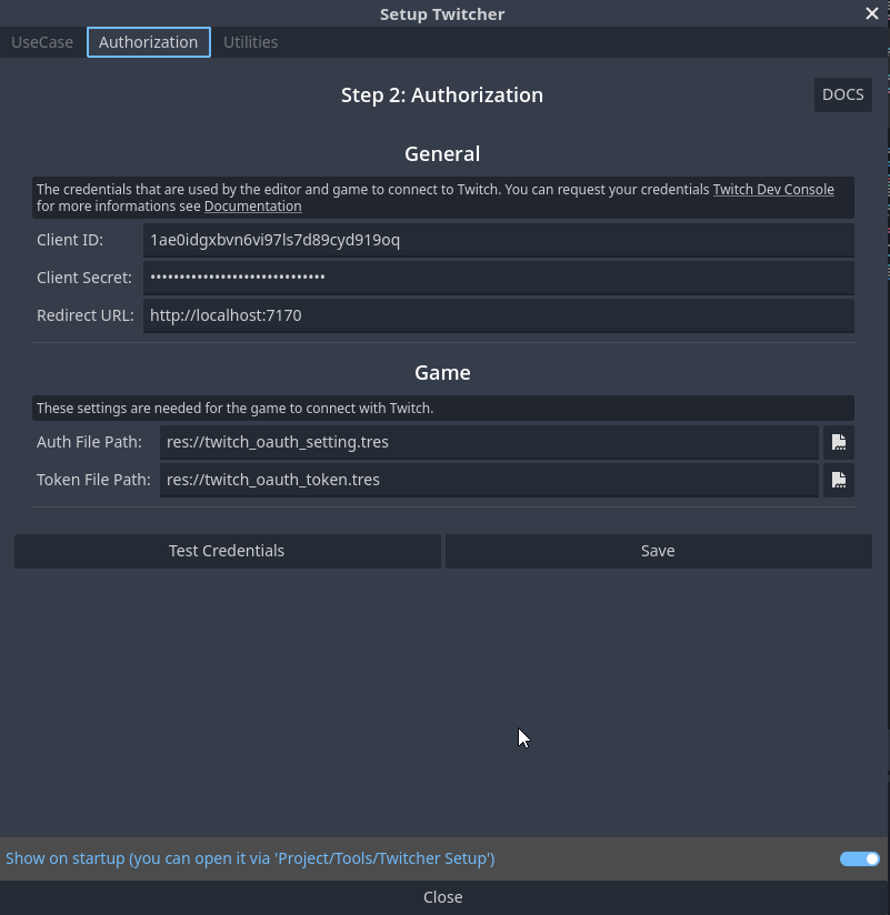 Location of the Test Credentials button within the OAuthSetting resource
