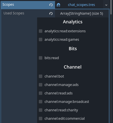 Selecting scopes and viewing descriptions on hover within the OAuthScopes resource